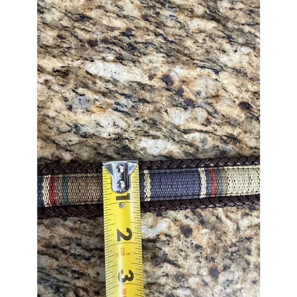 Brighton Brown Leather Woven Belt Size L Multicolor Inlay Silver Tone Buckle